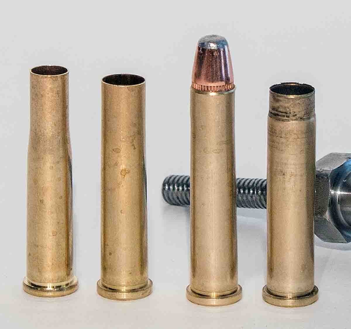 To create .255 Banshee brass from (1) .22 Hornet brass, (2) size cases with a Banshee die, (3) load with a 60-grain bullet ahead of a powder charge 10 percent shy of maximum, and (4) fireform.